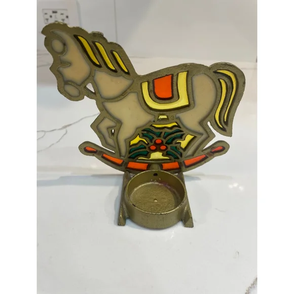 Vintage Stained Glass Rocking Horse Table Top Tea Light Candle Holder Christmas - Picture 3 of 7